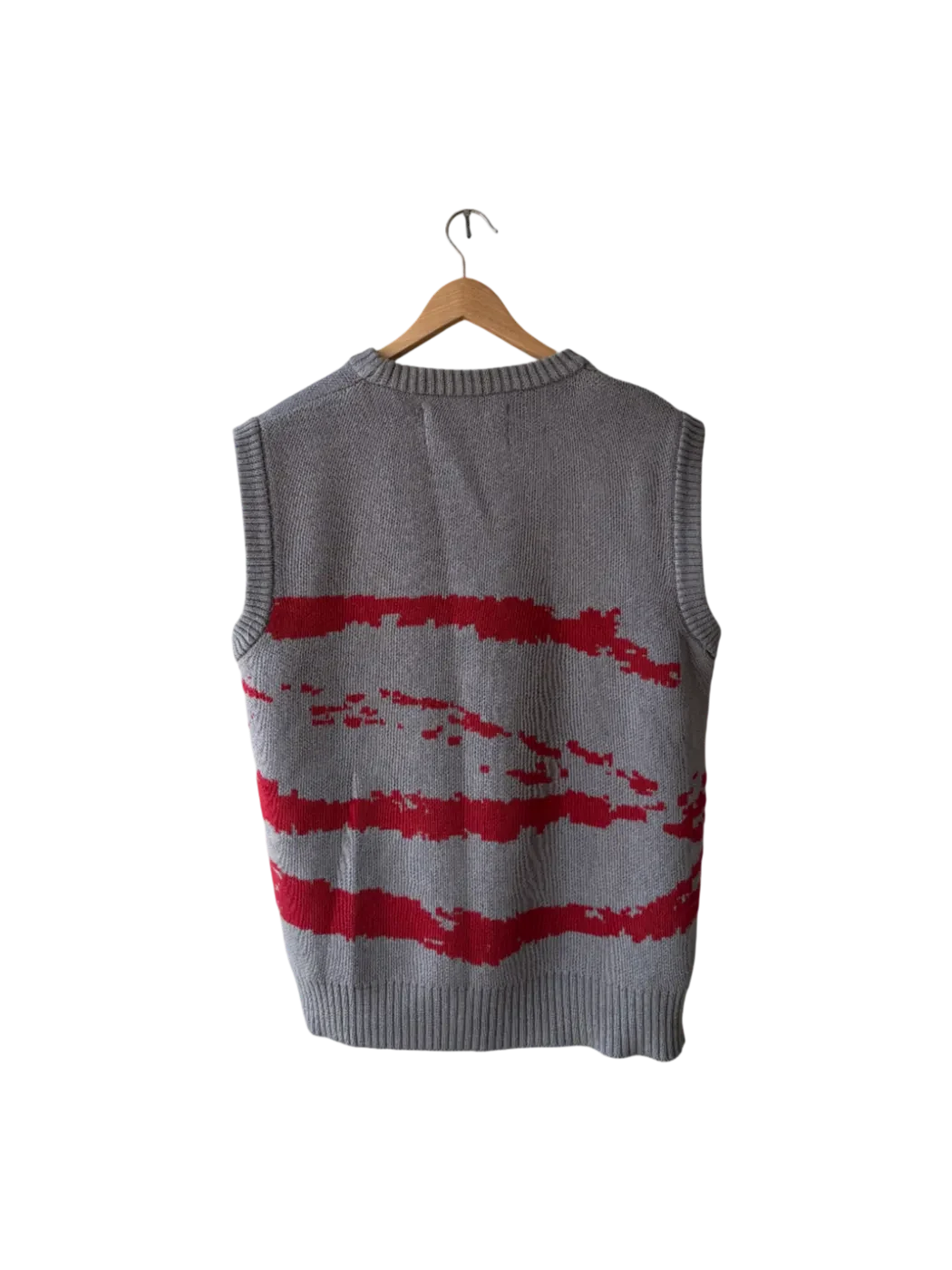 Back view of the grey and red BERQ jacquard knit vest