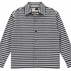 Front view of the navy and natural striped BERQ work shirt