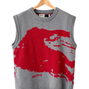 Front view of the grey and red BERQ jacquard knit vest