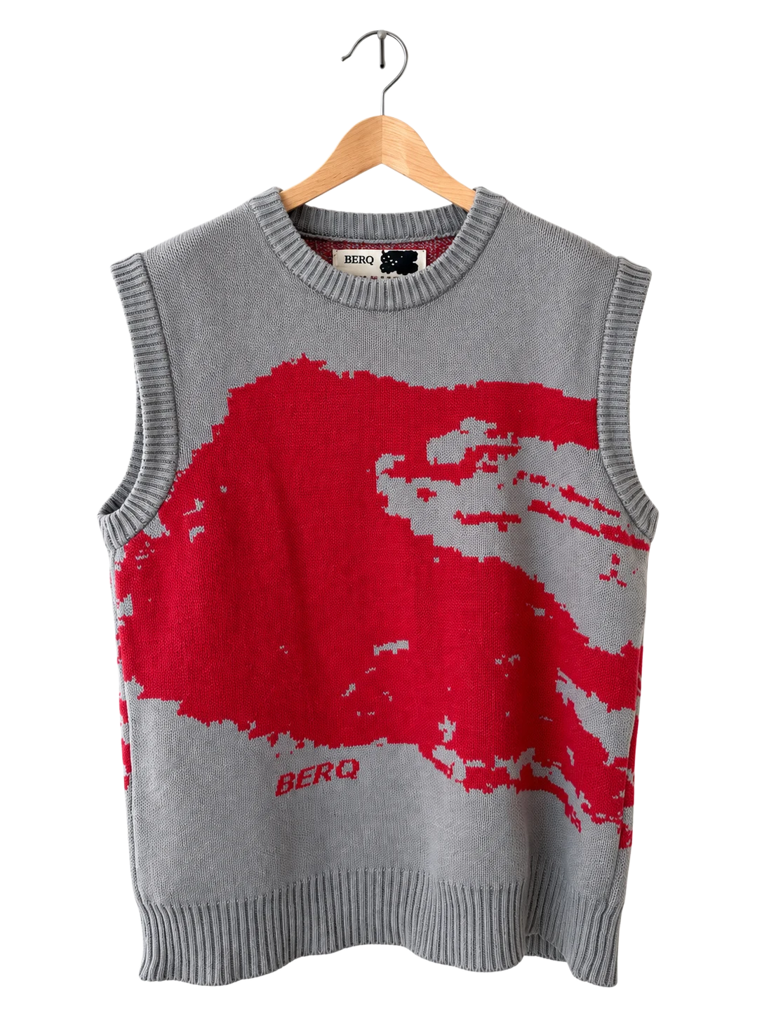 Front view of the grey and red BERQ jacquard knit vest